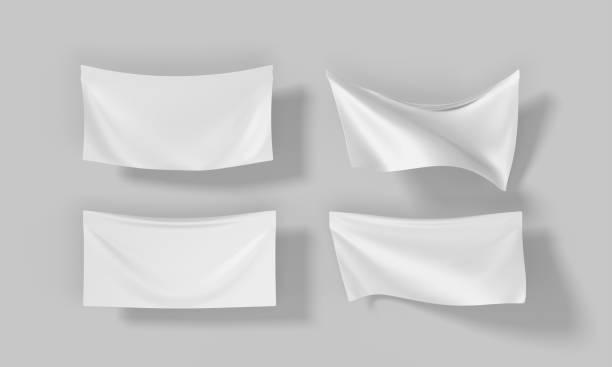 makieta białych flag, proporczyki powiewające na wietrze zestaw ikon renderowania 3d. banery poziome z czystej tkaniny do reklamy. realistyczny festiwalowy prostokątny szablon tekstylny na białym tle - chorągiewka zdjęcia i obrazy z banku zdjęć