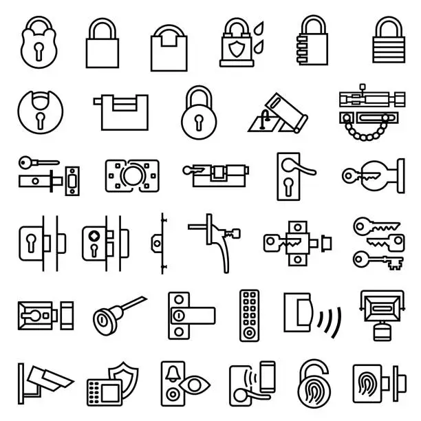 Vector illustration of Home Locks and Security Outline Icons