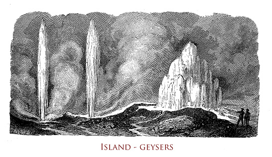 Vintage engraving of Iceland geysers, natural phenomena of spouting hot springs in geothermal areas
