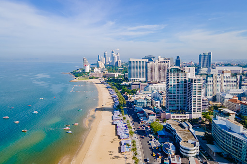 Pattaya Thailand, a view of the beach road with hotels and skyscrapers buildings alongside the renovated new beach road.