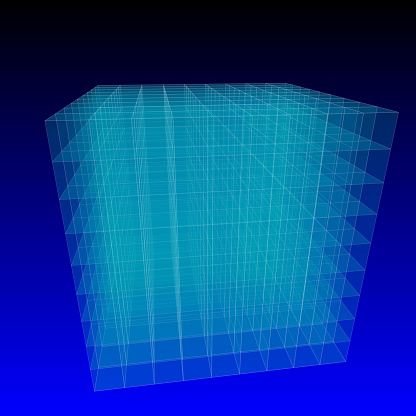 A three-dimensional wireframe rendering of a cuboid shape with a network of connected vertices against a deep blue gradient backdrop, illustrating concepts of geometry, structure, and spatial analysis.