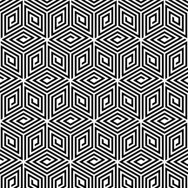 Vector illustration of Intricate black and white geometric pattern with a hypnotic, maze-like quality and repeating diamond shapes.