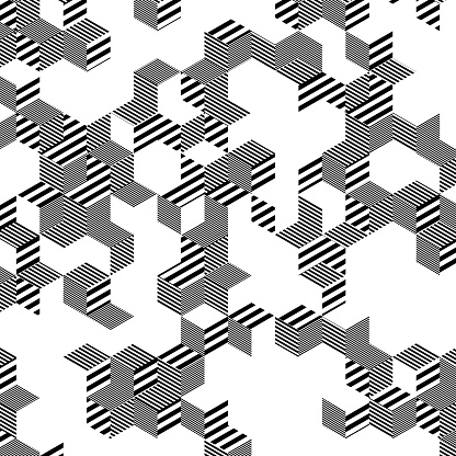 This image presents a bold and striking array of isometric cubes adorned with a black and white striped pattern. The design plays with visual perception, creating a three-dimensional and kinetic effect that gives the illusion of movement across a two-dimensional surface.