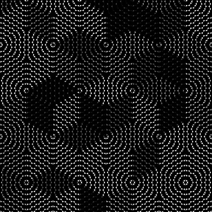 This striking image features a black and white halftone pattern of concentric circles that appear to undulate and pulse, creating a mesmerizing optical illusion reminiscent of a psychedelic experience or a visual representation of sound waves.