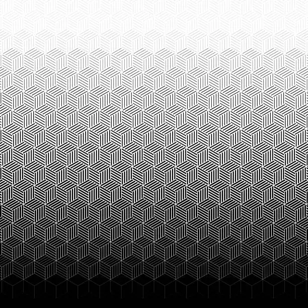 Vector illustration of Seamless gradient pattern of black and white cubes creating a three-dimensional effect, fading to gray.