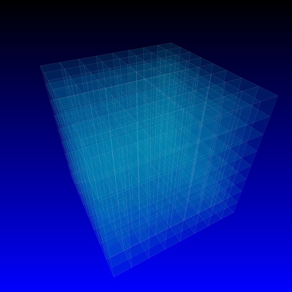 A 3D rendering of a transparent blue wireframe cuboid, floating against a deep blue backdrop, symbolizing cutting-edge technology and digital data visualization.
