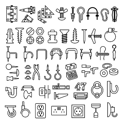 Single color isolated line icons of fixings fastenings and ironmongery hardware store products