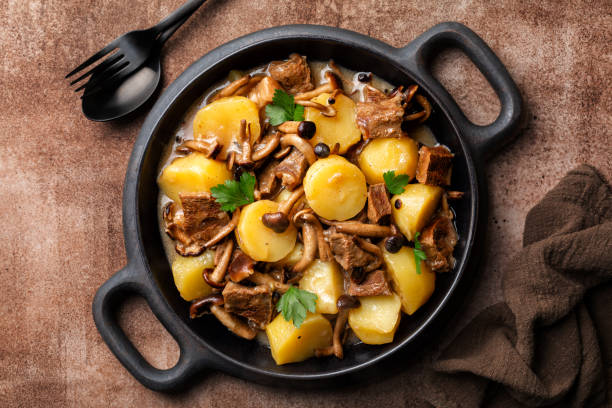 herzhafter und wohltuender eintopf aus rindfleisch und pappelpilzen mit kartoffeln, kräutern und wein. rustikaler stil. draufsicht. - kartoffelauflauf stock-fotos und bilder