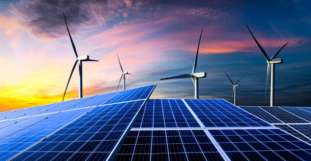 istock Solar panels and wind turbines new energy 1791075407