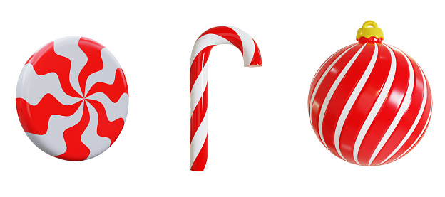 Set of white and red realistic Christmas decorations. 3d render illustration. Design elements for greeting card or invitation. Christmas ball, candy stick and candy swirl.
