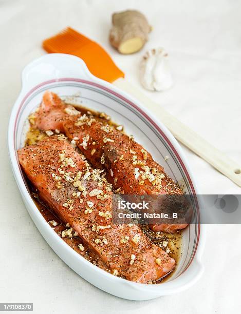 Marinated Salmon Stock Photo - Download Image Now - Preserves, Salmon - Seafood, Barbecue - Meal