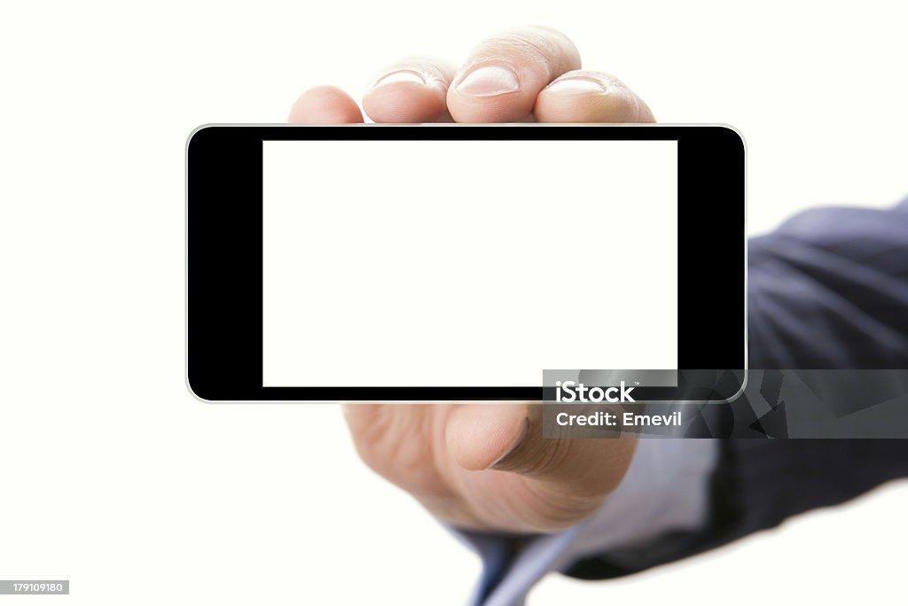 Mão segurando o smartphone com uma tela em branco - Foto de stock de Adulto royalty-free