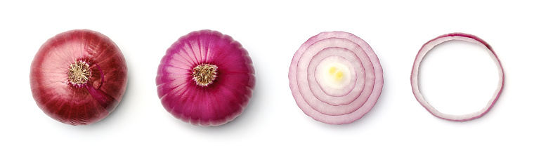 Collection of red onion isolated on white background. Set of multiple images. Part of series