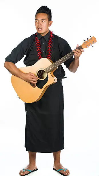 A Polynesian guy against a white background with a guitar