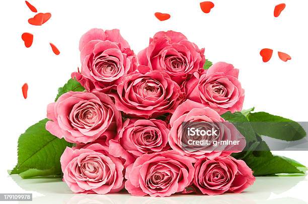 Pink Roses And Falling Down Hearts Stock Photo - Download Image Now - Blossom, Botany, Bouquet