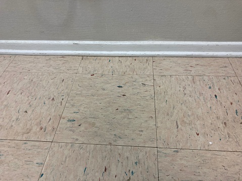 Cream colored linoleum with speckles, outdated decor