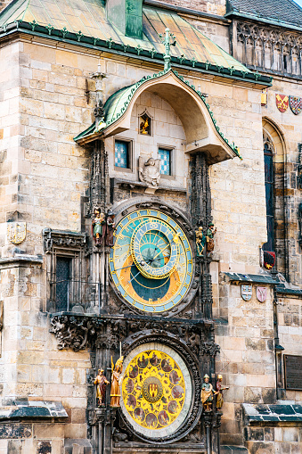 The Prague Astronomical Clock, located on the southern wall of the Old Town Hall in the Old Town Square.