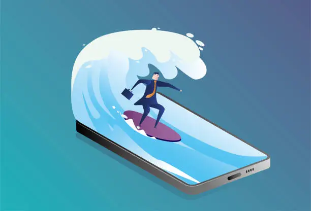 Vector illustration of business man surfing the Internet using mobile phone