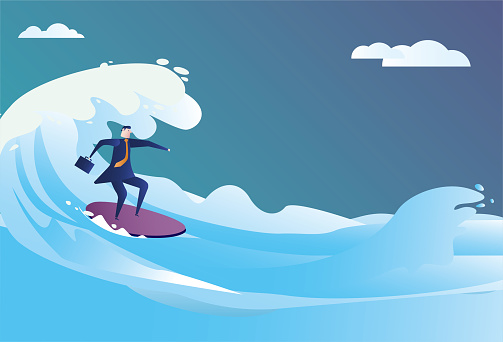business man surfing on the sea, challenging himself.