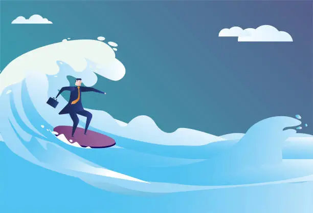 Vector illustration of business man surfing on the sea, challenging himself.