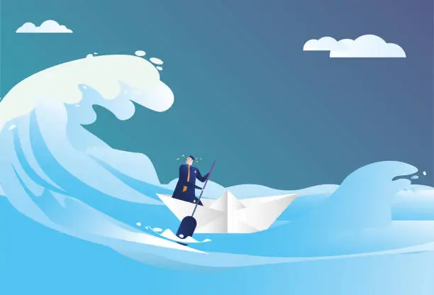 Vector illustration of Business man sails in huge waves in a paper boat, escaping from adversity