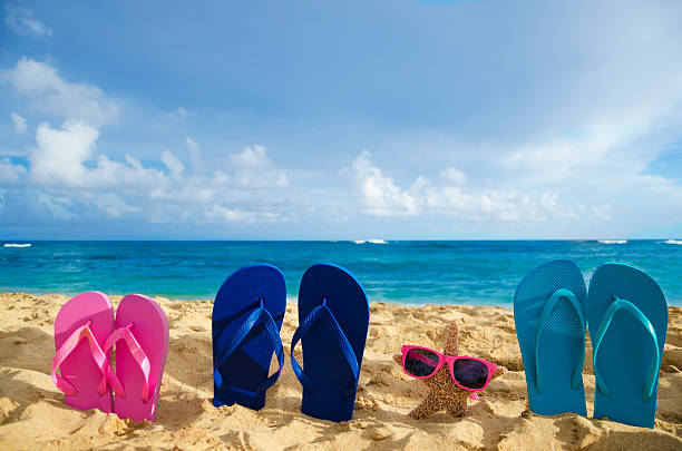 istock Flip flops and starfish with sunglasses on sandy beach 179110636