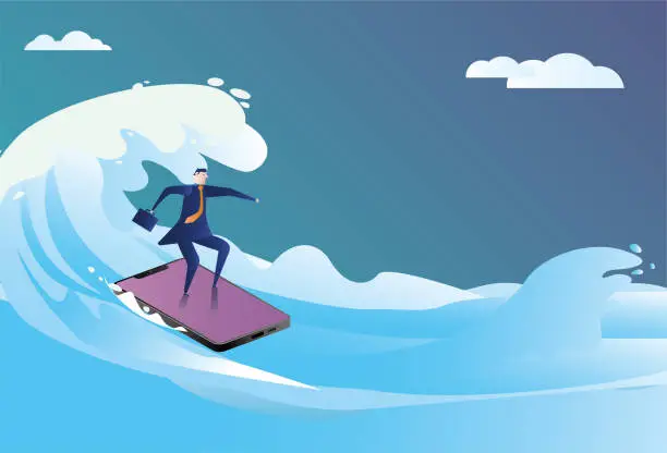 Vector illustration of business man surfing the internet using mobile phone