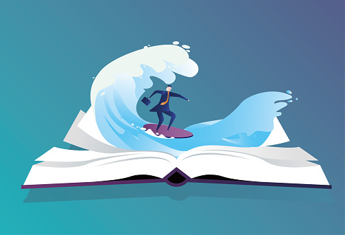 business man surfing on books