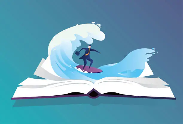 Vector illustration of business man surfing on books