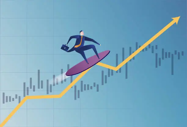 Vector illustration of Business man surfing on rising stock market arrow.