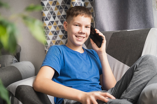 Portrait of a happy teenage boy talking on a smartphone sitting at home in the living room, looking at the camera and smiling