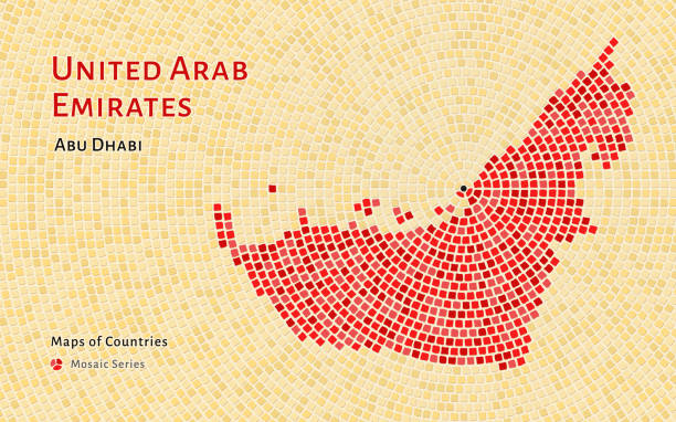 zjednoczone emiraty arabskie czerwona mapa ze stolicą abu zabi pokazana w mozaikowym wzorze - united arab emirates dubai marina asia arabia stock illustrations