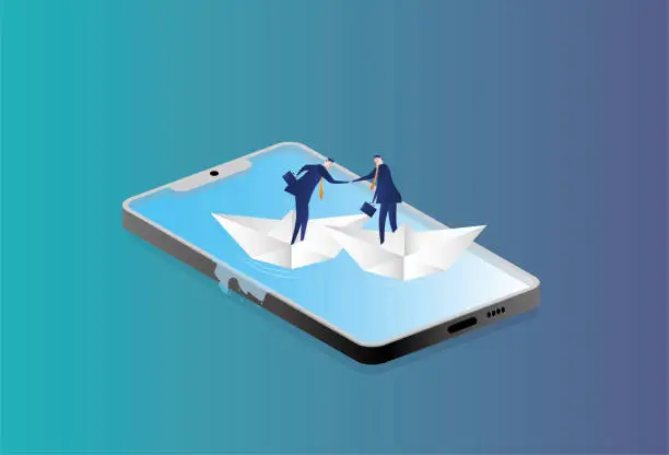 Vector illustration of two business men shaking hands on paper boats on mobile phones