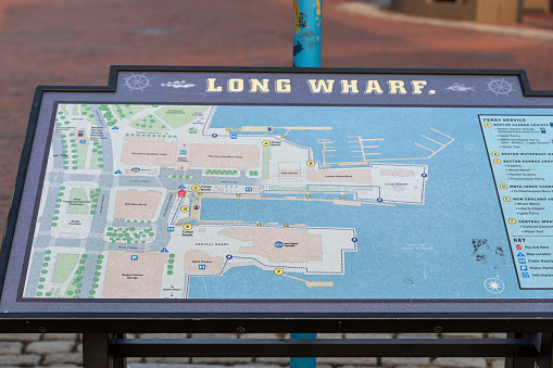 Boston Harbour Long Wharf information map in the Financial District in Boston, Massachusetts, USA.