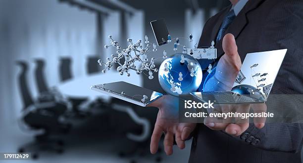 Businessman Working On Modern Technology Stock Photo - Download Image Now - Backgrounds, Business, Businessman