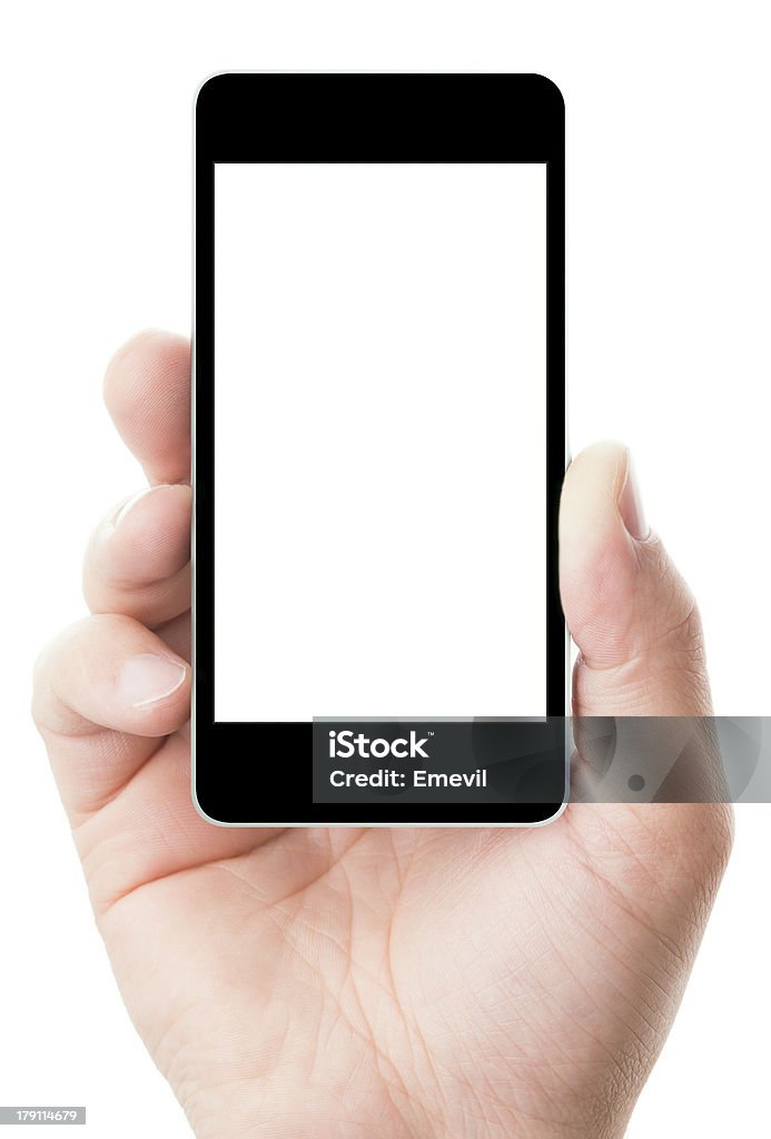 smartphone in hand with blank screen "Blank touch screen of smart phone in a hand, isolated on white background in vertical position" Adult Stock Photo