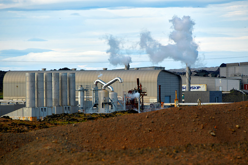 Reykjanes, Iceland: Reykjanes Power Station - Geothermal Power Plant ('Reykjanesvirkjun') - the power plant generates 100MWe from two 50MWe dual-flow turbines with sea-cooled condensers, using steam and brine from a reservoir at 290 °C to 320 °C, which is extracted from 12 wells that are 2700m deep - the plant is controlled from the nearby Svartsengi power plant - owned by HS Orka.