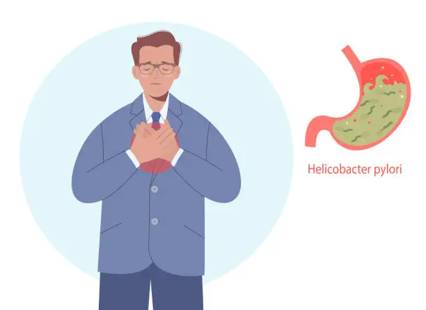 Vector illustration of Man having Helicobacter pylori and gastritis. Stomach acid reflux disease and digestive system problem. Helicobacter pylori. Diseases of the stomach.
