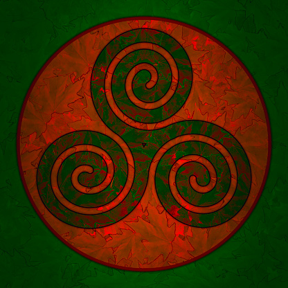 Triskelion on Leaves Background - Triskele - Celtic Spirals - Ancient Sacred Symbol