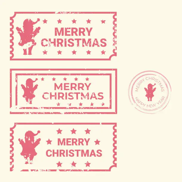 Vector illustration of Set of Christmas tickets and round stamps with texture.Silhouette of Santa Claus