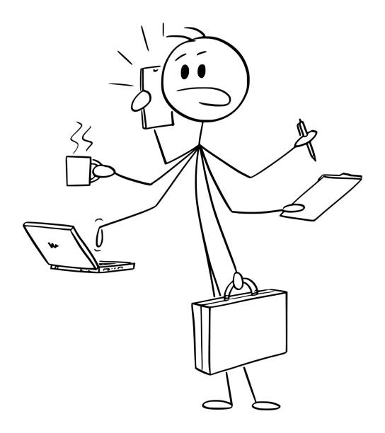 ilustrații de stoc cu om de afaceri multitasking cu multe mâini, ilustrație vectorială de desene animate - suprasolicitat