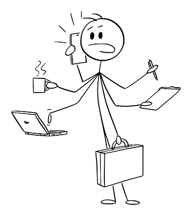 Businessman multitasking , vector cartoon stick figure or character illustration.