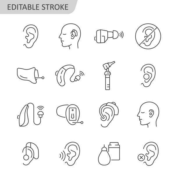 補聴器ラインアイコンの設定。ヒアリング問題のベクトル収集。編集可能なストローク。 - hearing aid点のイラスト素材／クリップアート素材／マンガ素材／アイコン素材