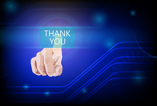 Businessman hand touching THANK YOU button on virtual screen. business, technology, innovation concept.