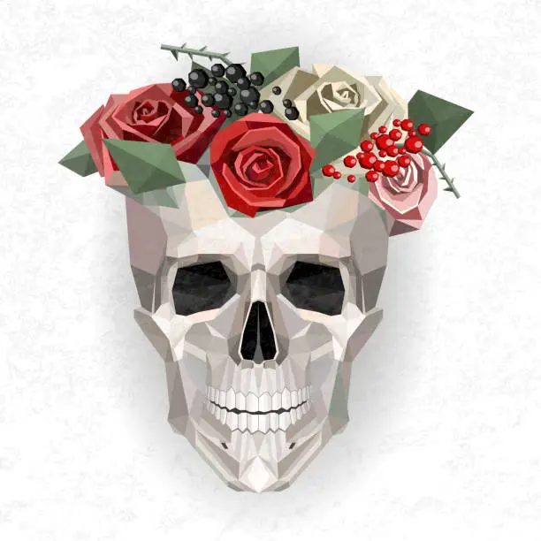 Vector illustration of Vector low poly skull with floral wreath.