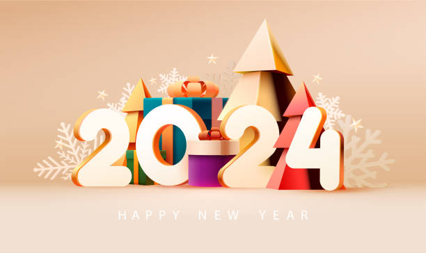 istock Happy New year poster 2024. White numbers with gift boxes and Christmas tree. 1791177703
