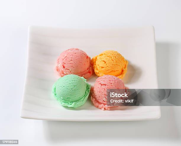 Ice Cream Scoops On Plate Stock Photo - Download Image Now - Cherry Ice Cream, Dessert - Sweet Food, Food