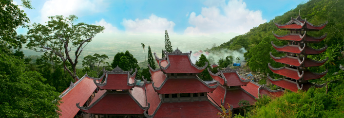 Landscape with pagoda on the mountain Ta Ku. Vietnam