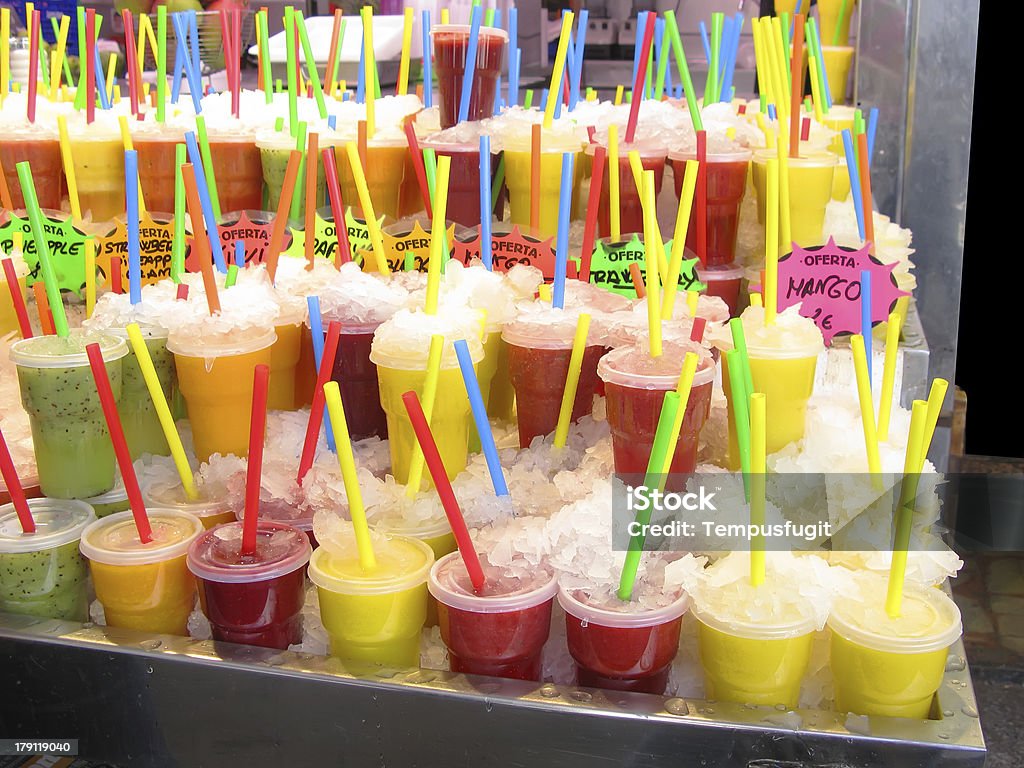 Drinks Colorful fruit juices in La Boqueria (Barcelona famous marketplace) Banana Stock Photo