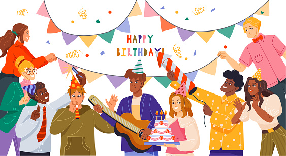 Celebrating birthday party. Happy men and women with cake, confetti, garland and firework at festive corporate party. Smiling people or colleagues at holiday or event. Cartoon flat vector illustration